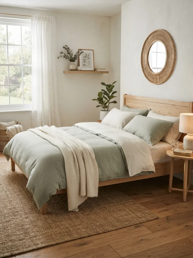 soft linen layers sage green bedroom idea modern