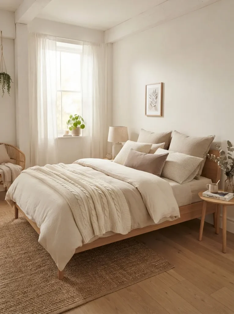 soft neutral layers apartment bedroom decor idea 2026