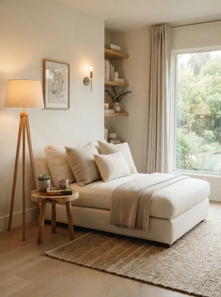soft neutral palette chaise lounge reading nook idea modern