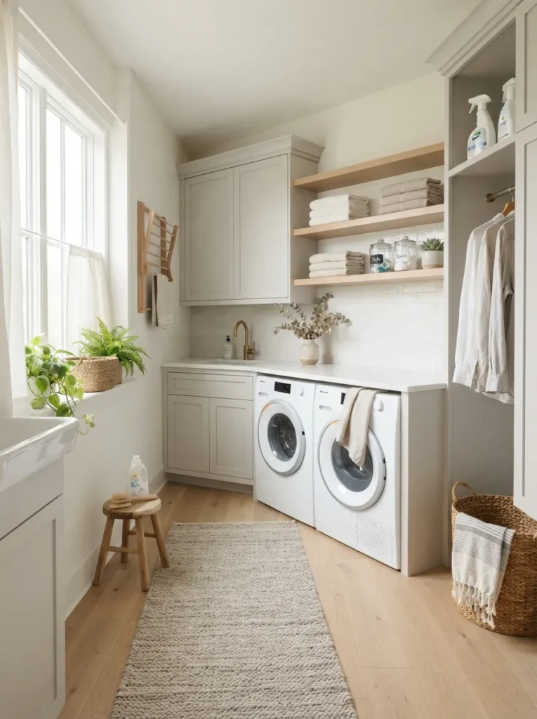 soft neutral palette laundry room design idea modern