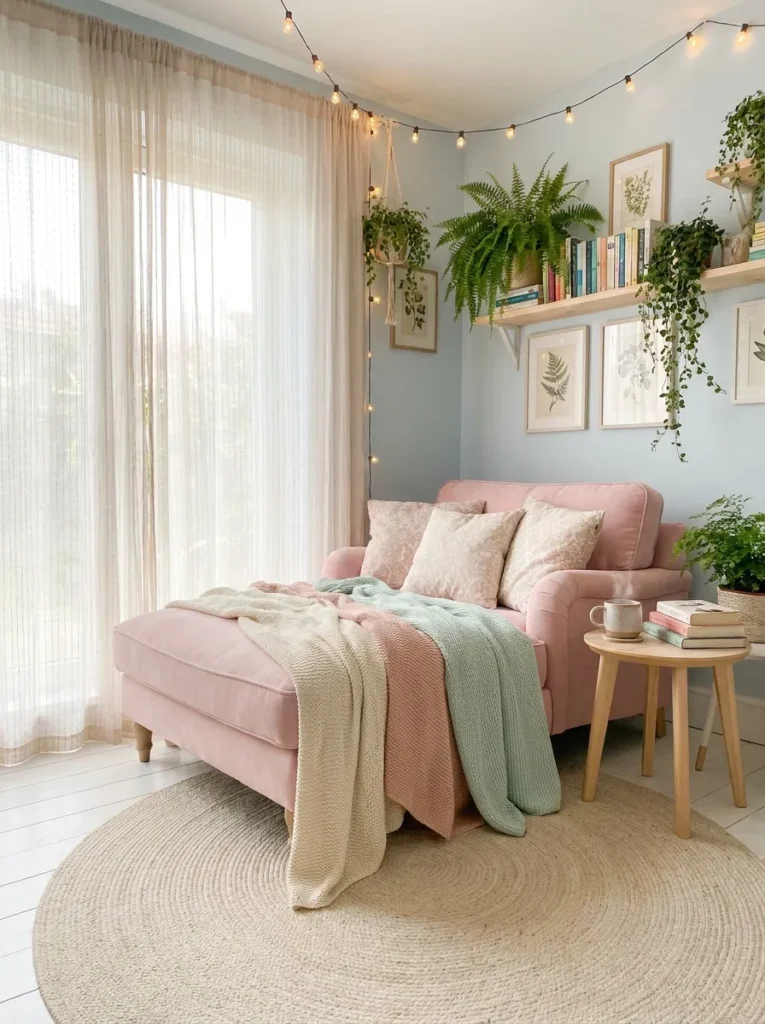 soft pastel theme chaise lounge reading nook idea 2026