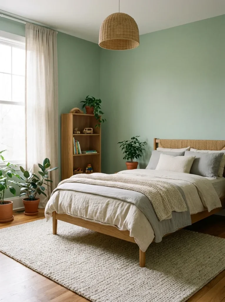 Calm boys bedroom with sage green walls, natural wood furniture and soft neutral decor