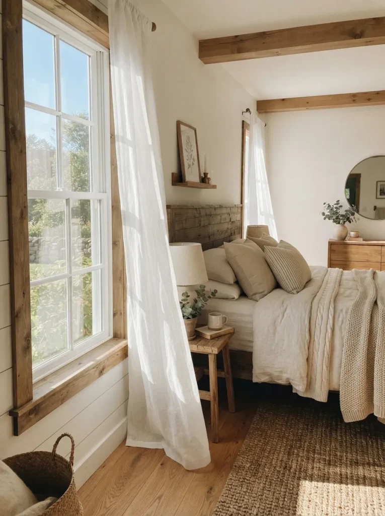 soft sheer curtains vintage farmhouse bedroom idea modern
