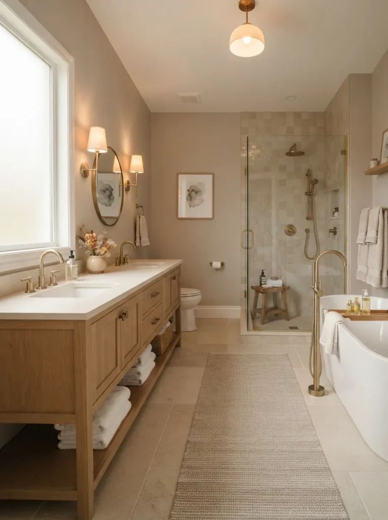 soft taupe walls warm neutral bathroom idea 2026