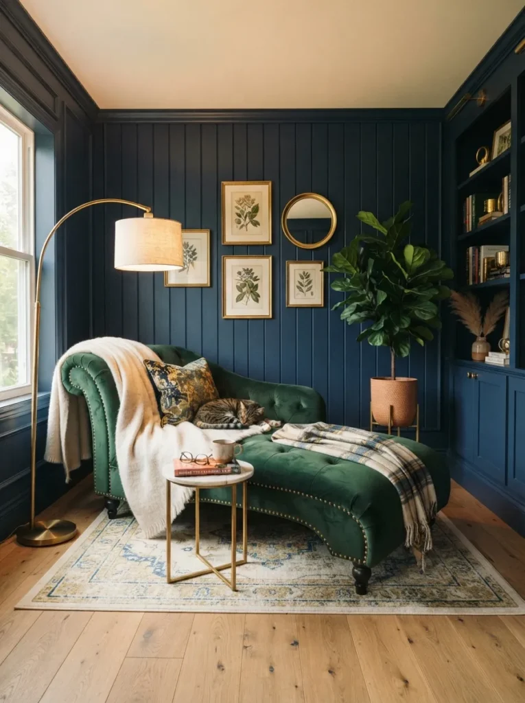 statement accent wall chaise lounge reading nook idea modern