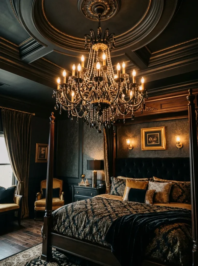 statement chandelier lighting dark feminine bedroom idea modern