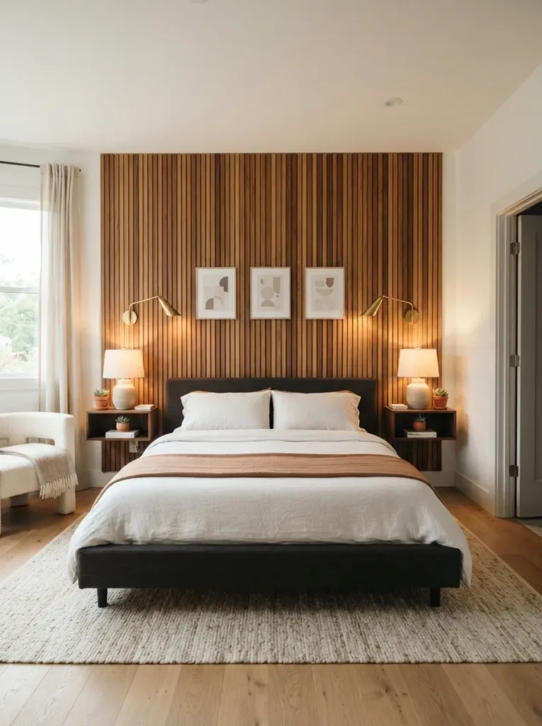 statement headboard wall apartment bedroom decor idea modern