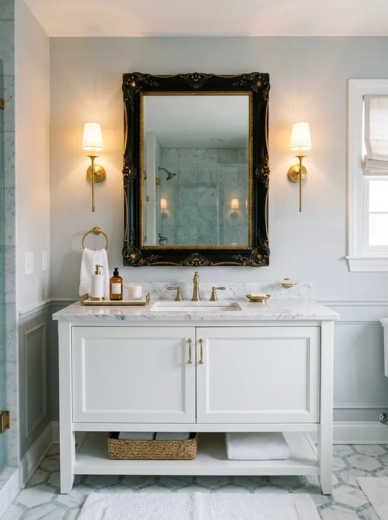 Guest bathroom featuring large statement mirror with elegant lighting and modern vanity