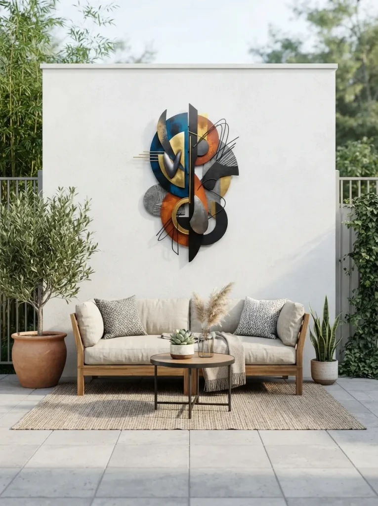 statement outdoor art small patio decor idea 2026