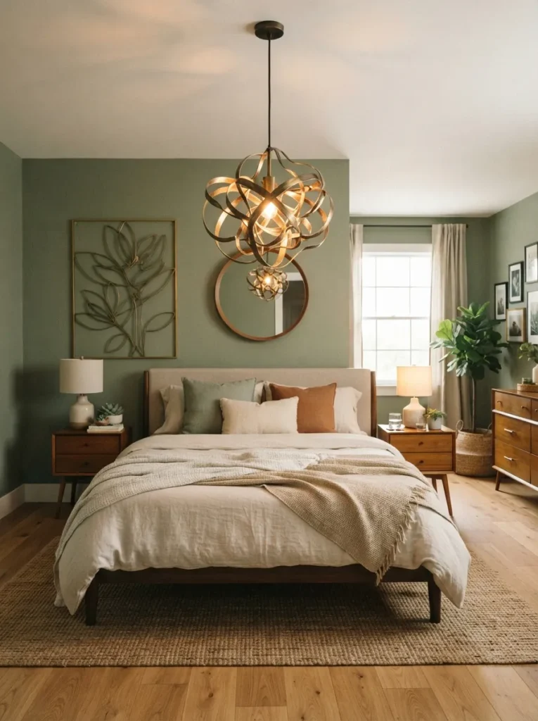 statement pendant light sage green bedroom idea modern
