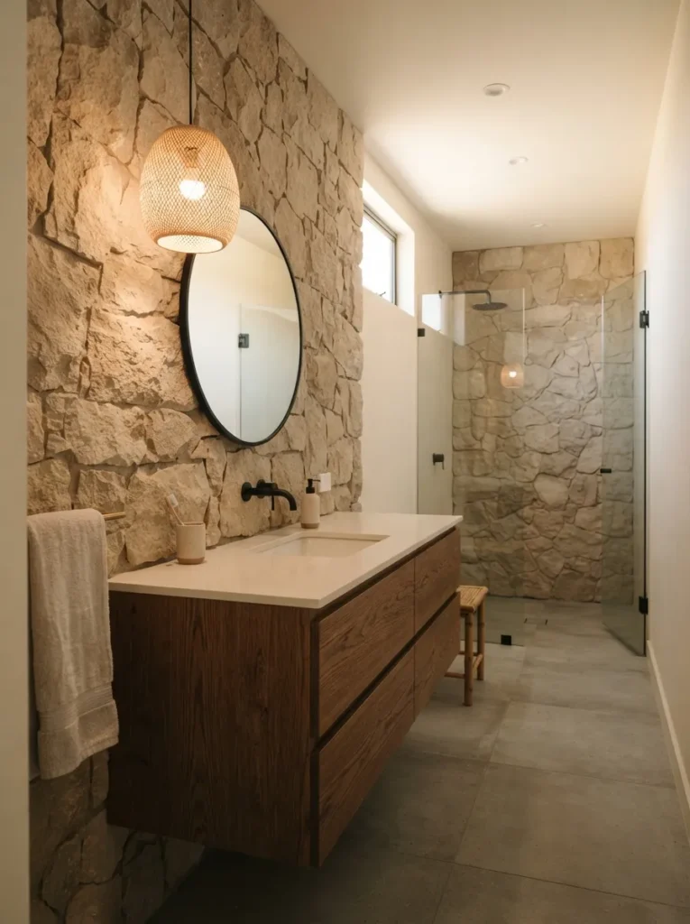 stone accent walls warm neutral bathroom idea modern