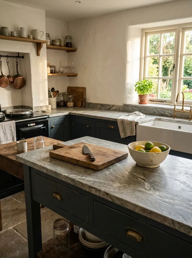 stone countertops moody farmhouse kitchen idea modern