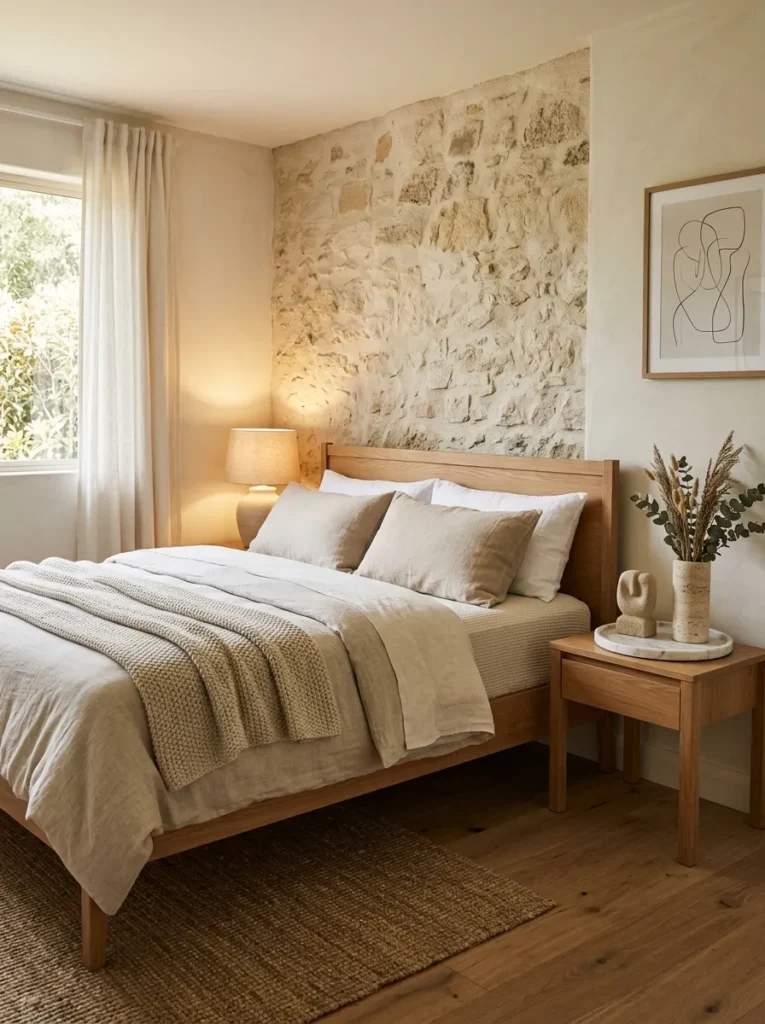 stone decor elements cozy earthy bedroom idea modern