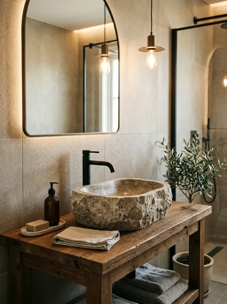 stone sink basin earth tone bathroom design 2026