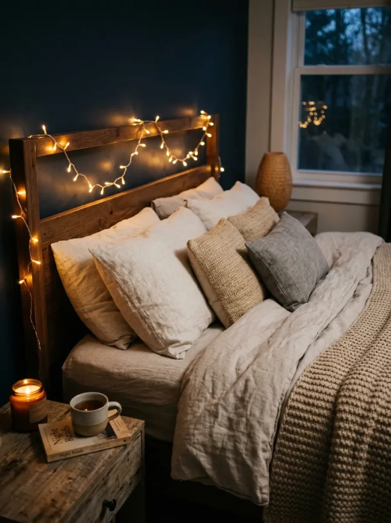 string light headboard boho teen bedroom idea 2026