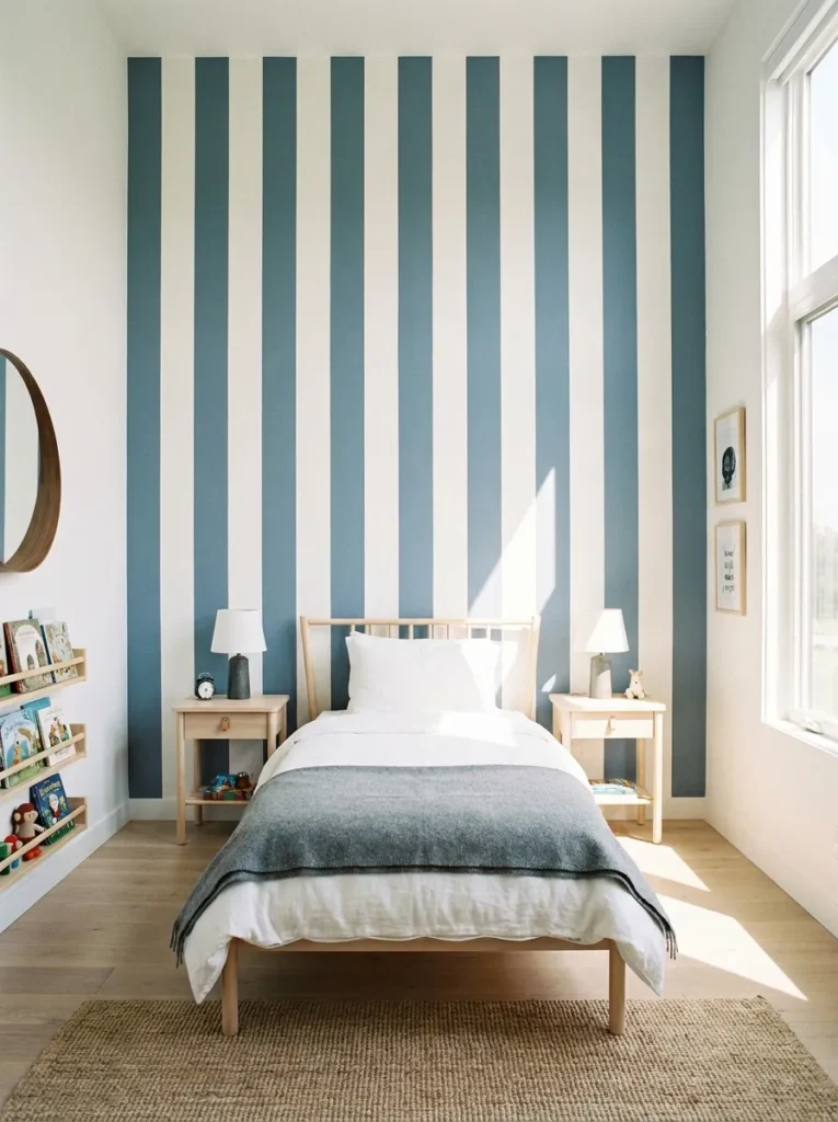 Boys bedroom with vertical striped feature wall in blue and white enhancing room height