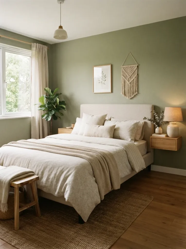 subtle pattern bedding sage green bedroom idea 2026