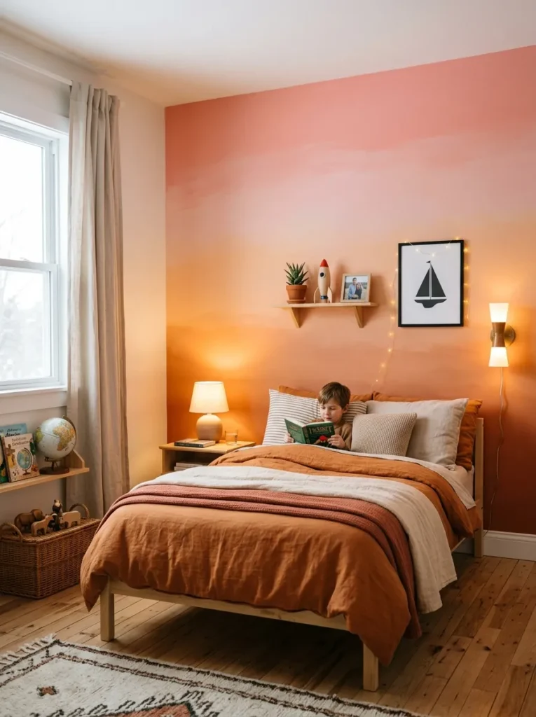 Boys bedroom with sunset gradient wall blending orange peach and pink tones softly