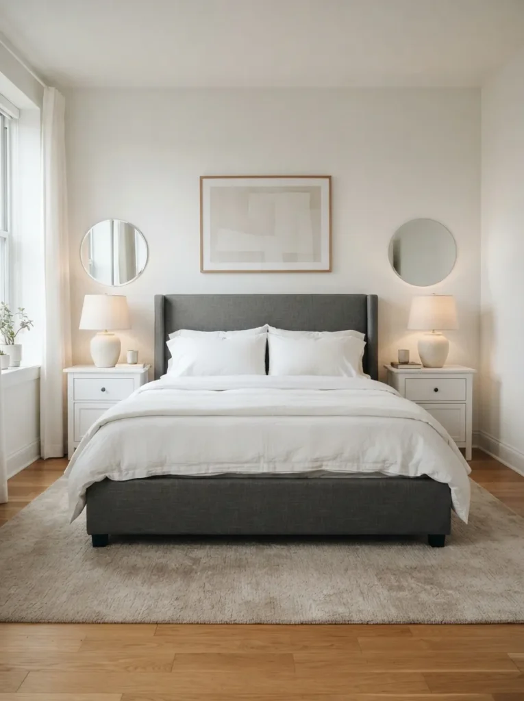 symmetrical bedside styling gray and white bedroom idea modern
