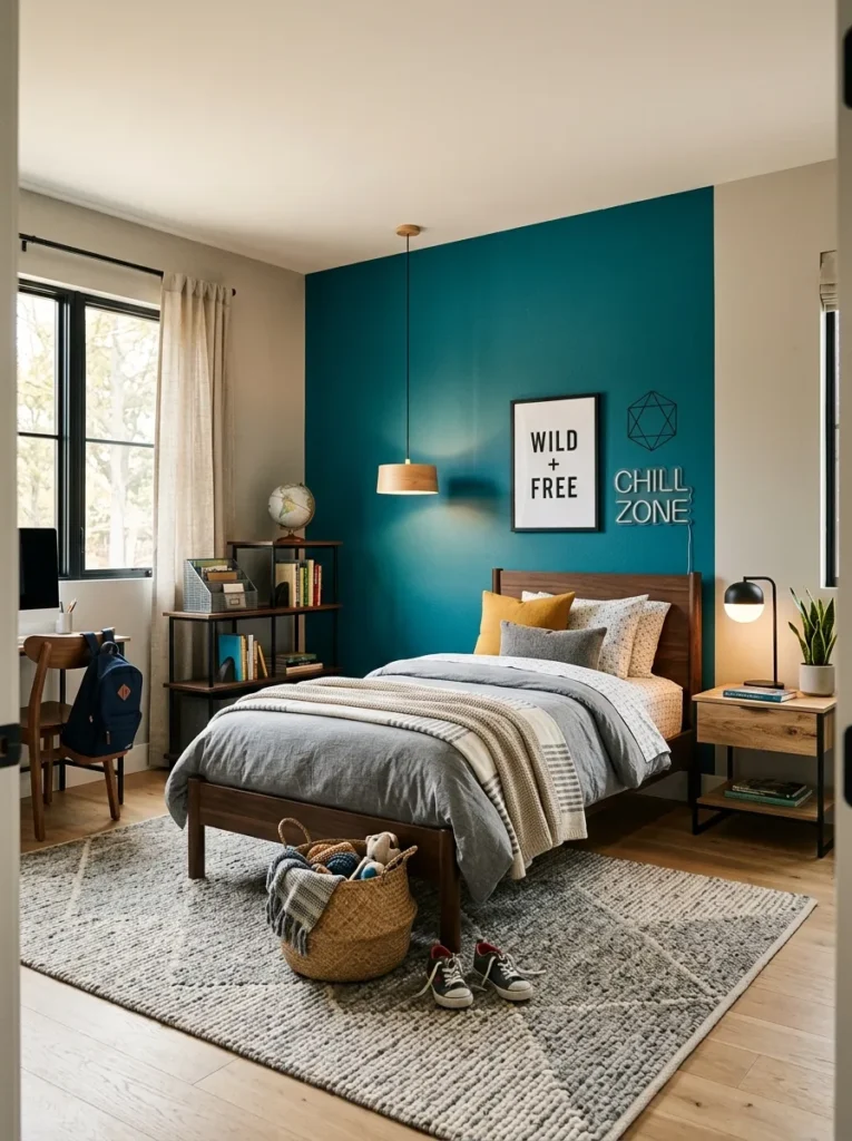 Boys bedroom with teal feature wall, neutral decor and modern stylish setup