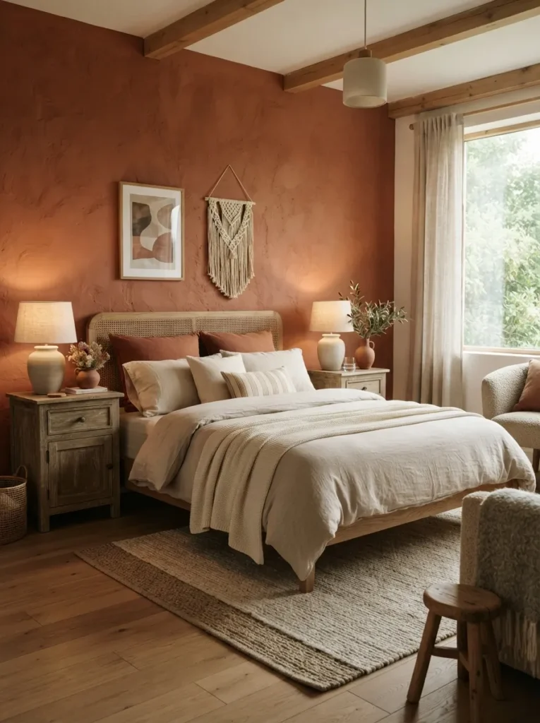 terracotta accent wall cozy earthy bedroom idea modern