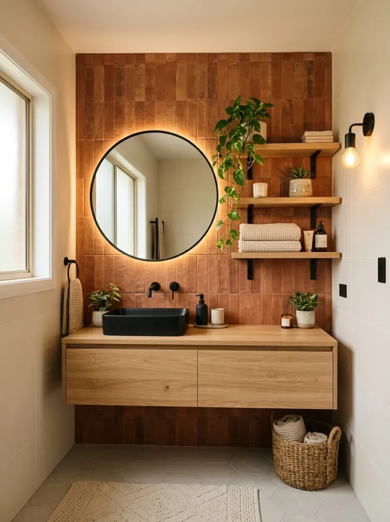 terracotta accent walls earth tone bathroom design modern