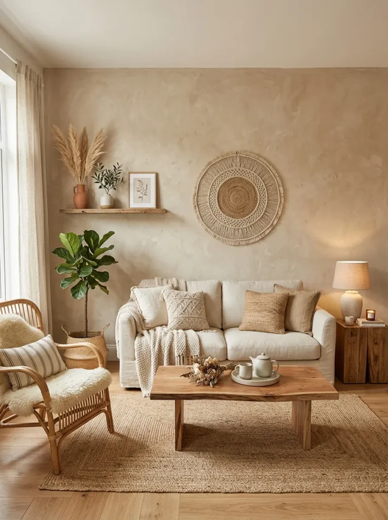 textured accent wall boho living room idea 2026