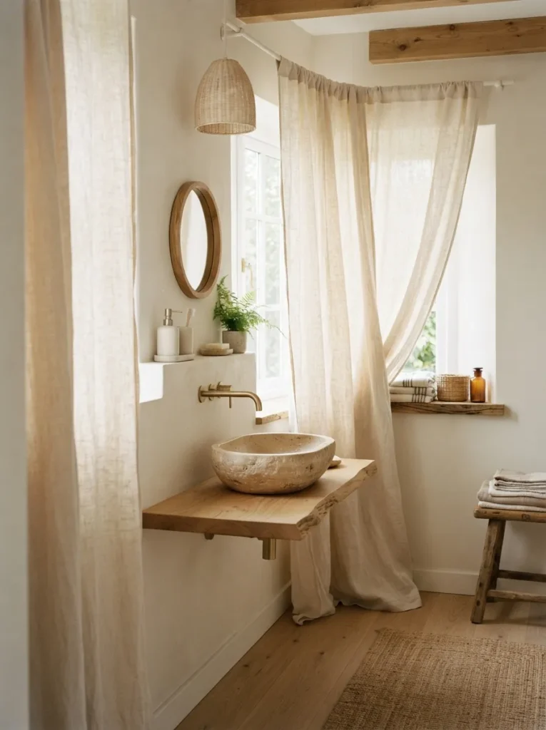 textured linen curtains warm neutral bathroom idea 2026