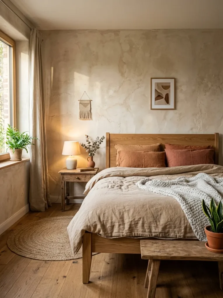 textured plaster walls cozy earthy bedroom idea 2026