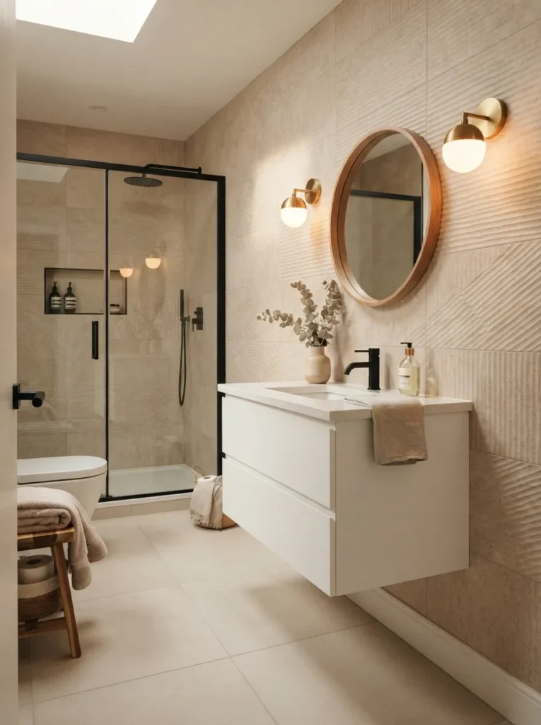 Bathroom featuring textured wall tiles adding depth and subtle visual interest