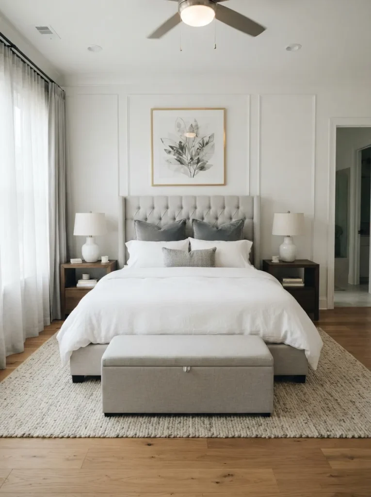 tufted upholstered headboard gray and white bedroom idea 2026