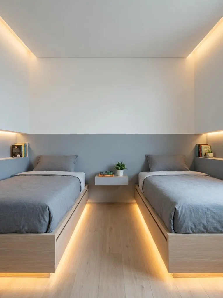 Boys bedroom featuring two-tone painted walls in gray and white with clean modern styling