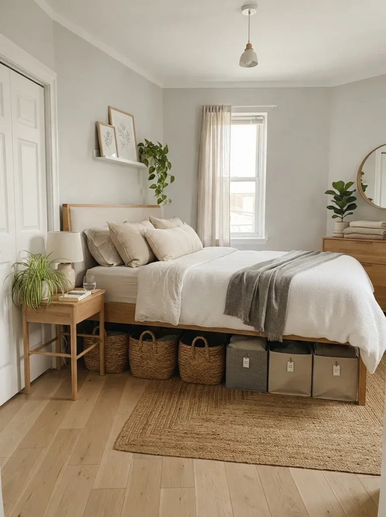 underbed storage styling apartment bedroom decor idea 2026