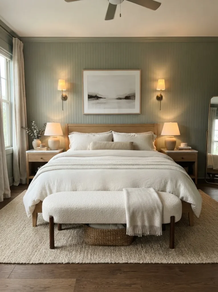 upholstered bench end sage green bedroom idea 2026
