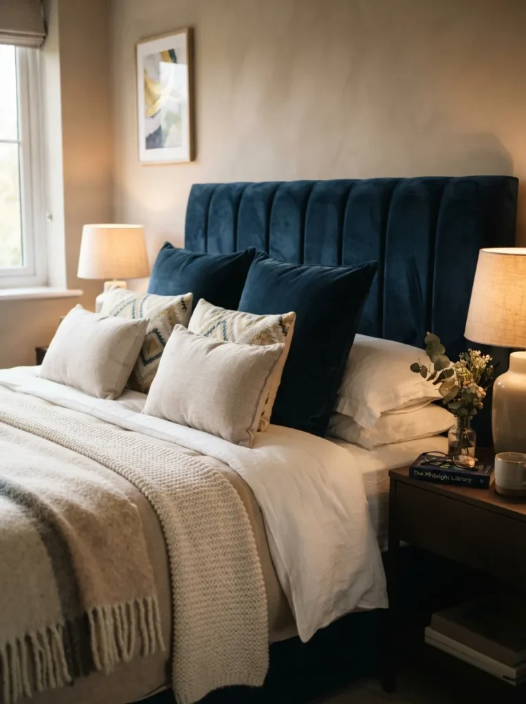 velvet blue touches dark blue bedroom idea 2026
