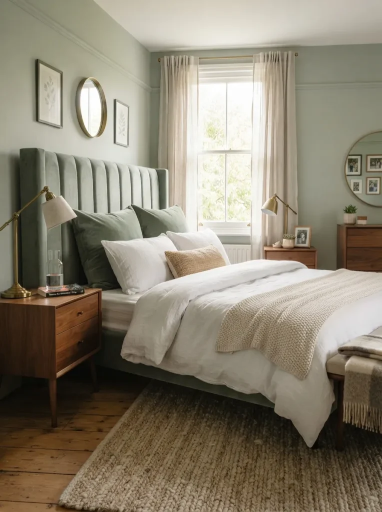 velvet headboard accent sage green bedroom idea 2026