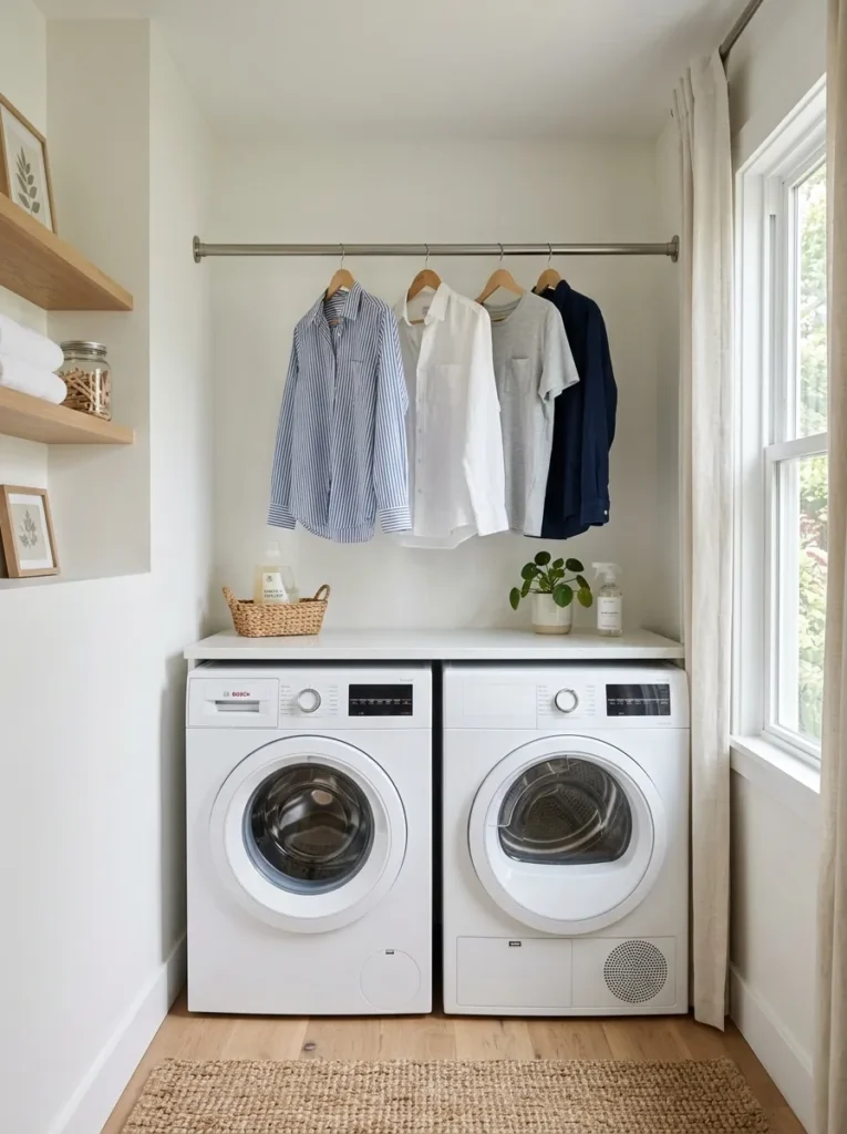 overhead hanging rod laundry room design idea modern