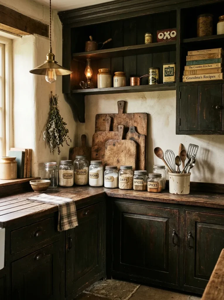 vintage decor accents moody farmhouse kitchen idea 2026
