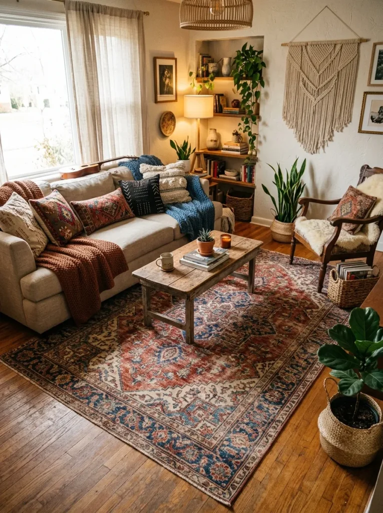 vintage pattern rugs boho living room idea 2026