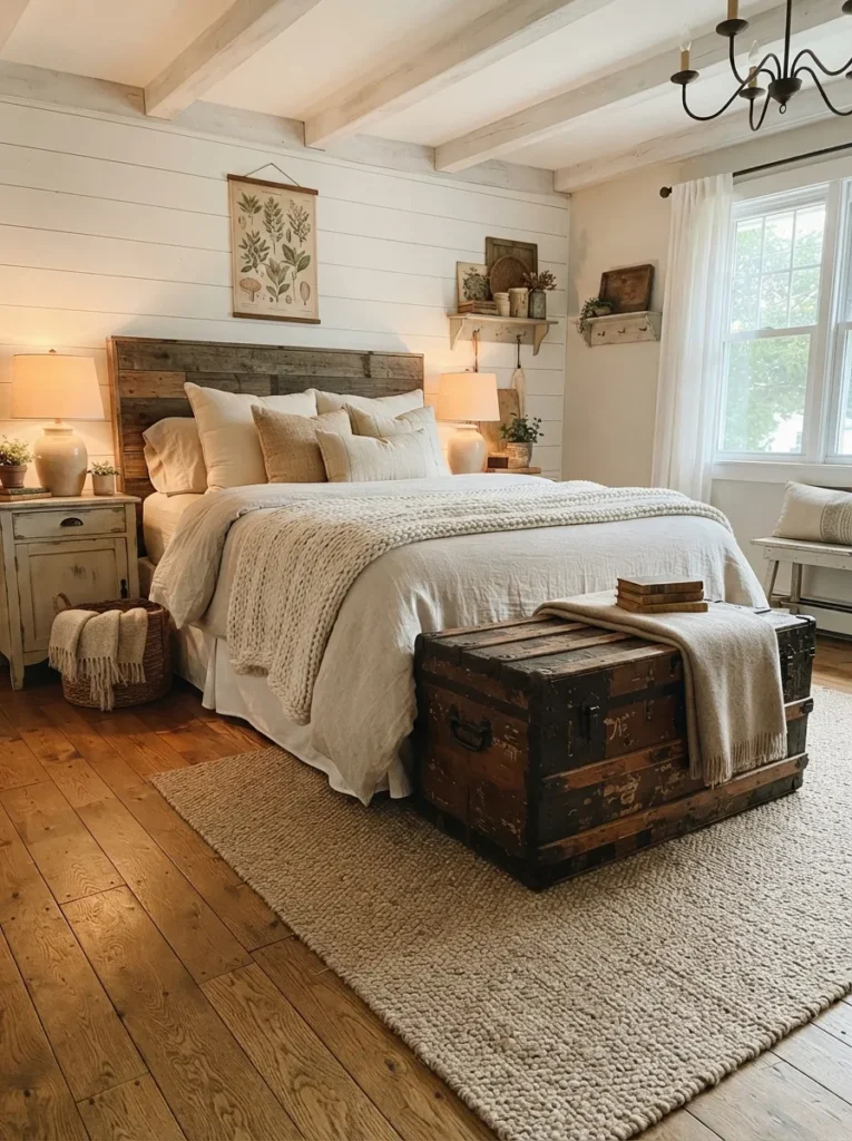 vintage trunk storage vintage farmhouse bedroom idea 2026
