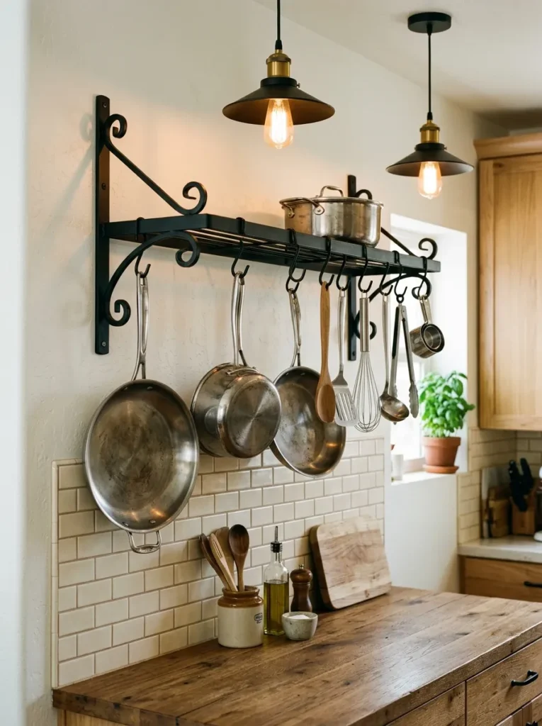 wall mounted pot rack small kitchen idea modern