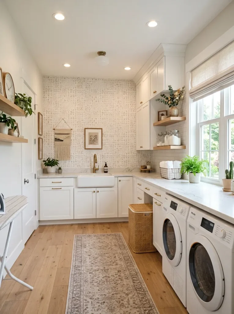 wallpaper feature wall laundry room design idea 2026