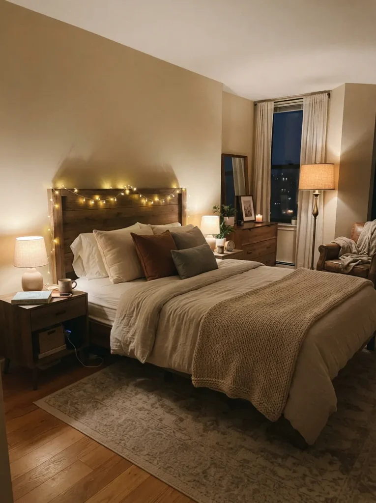 warm ambient lighting apartment bedroom decor idea 2026