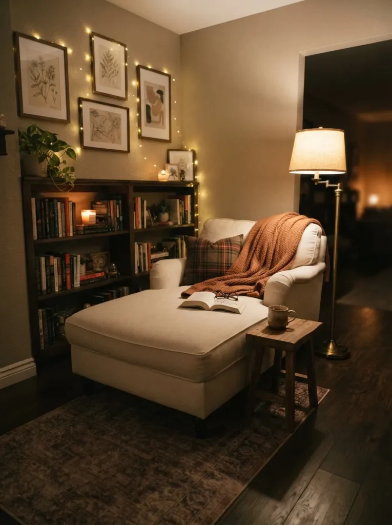 warm ambient lighting chaise lounge reading nook idea 2026