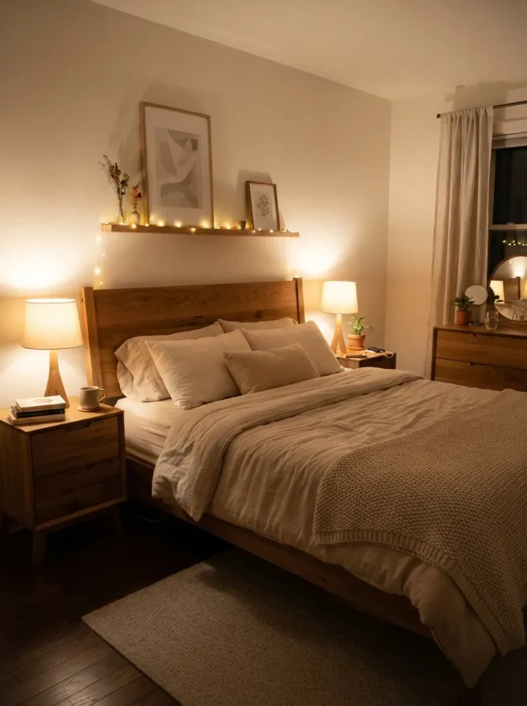 warm ambient lighting cozy earthy bedroom idea 2026