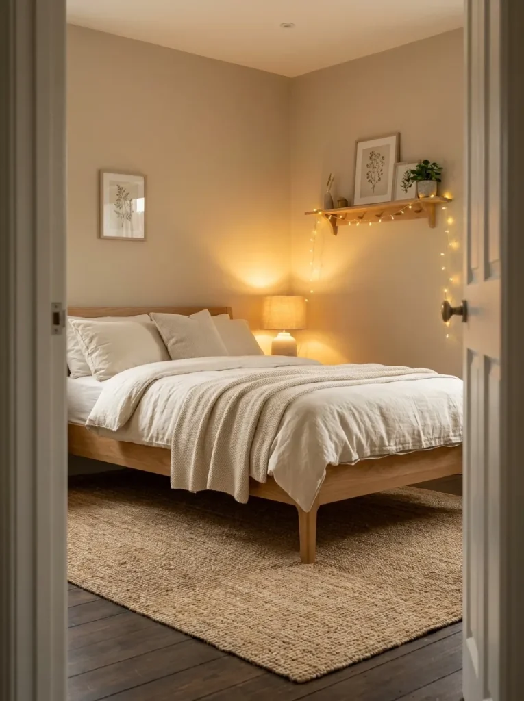 Cozy boys bedroom with warm beige walls, neutral decor and soft layered textures