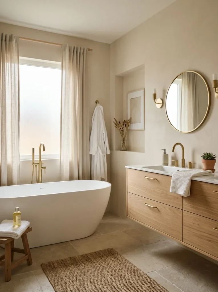 warm beige serenity earth tone bathroom design 2026