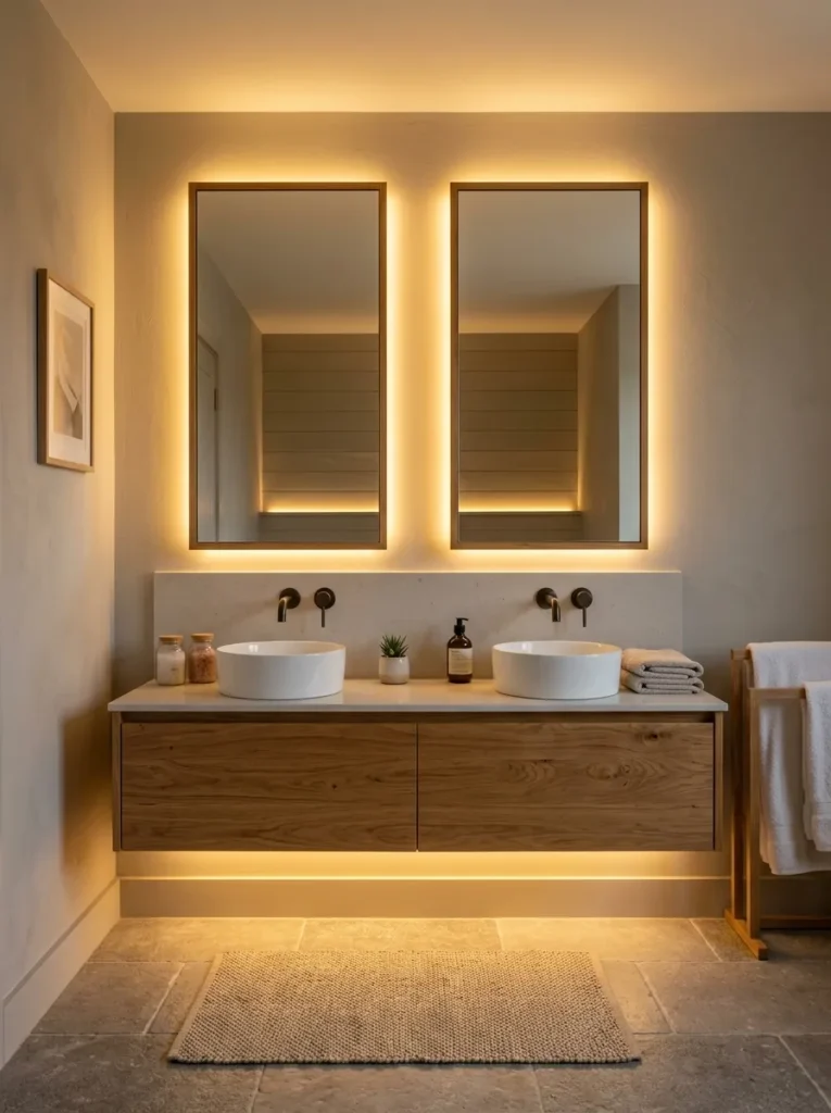 warm led lighting earth tone bathroom design modern