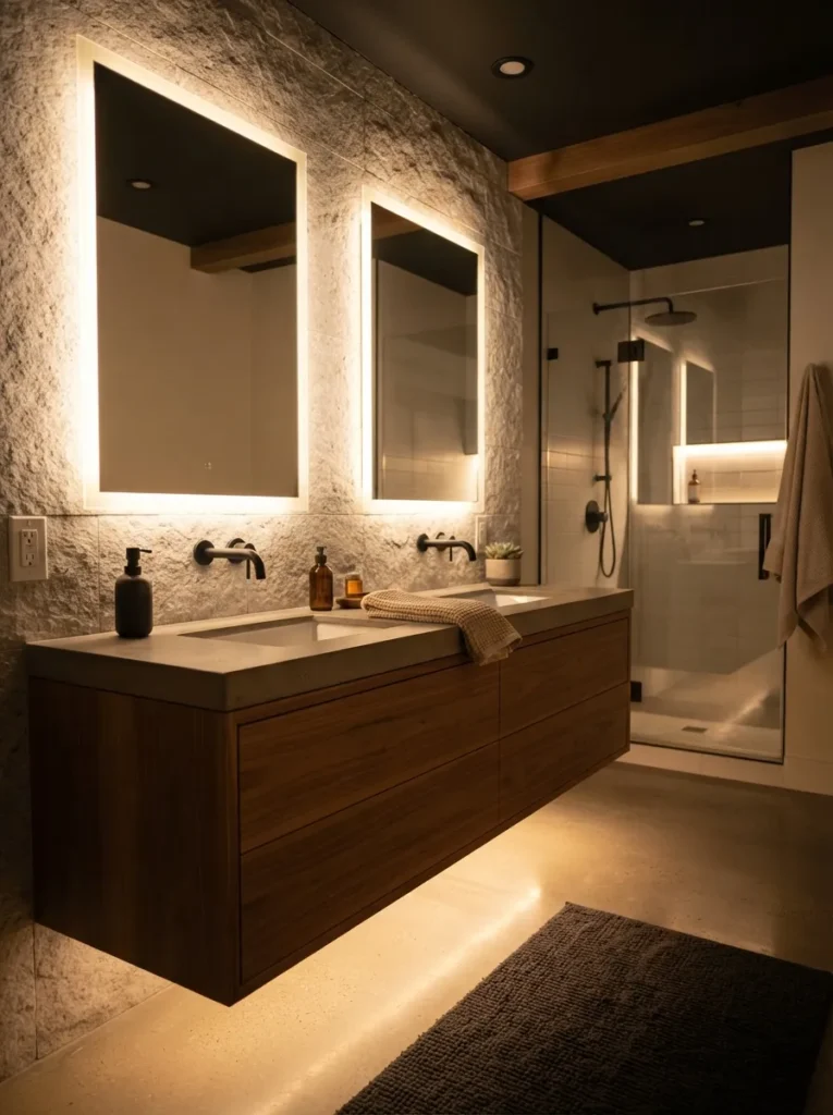 warm led strip lighting warm neutral bathroom idea modern