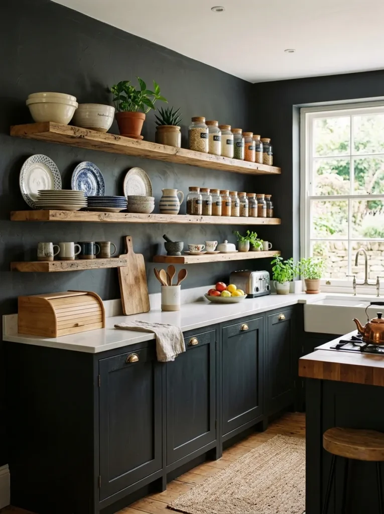 warm pendant lighting moody farmhouse kitchen idea 2026